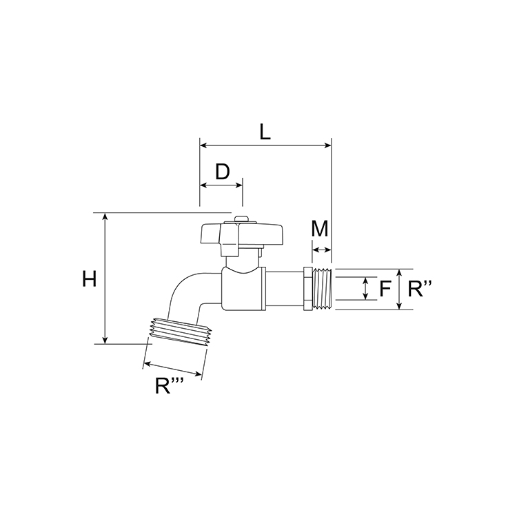 Compact ball bibcock w/o hose union T handle  - technical drawing